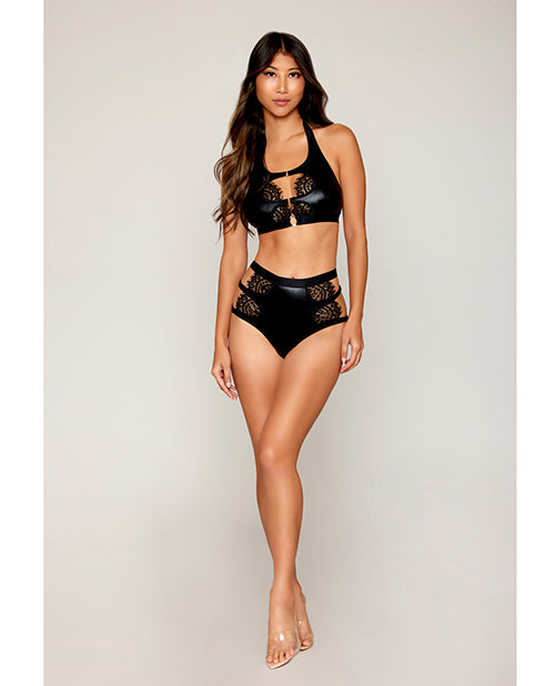 Stretch Faux Leather Bralette with High-Waisted Panty Black Medium