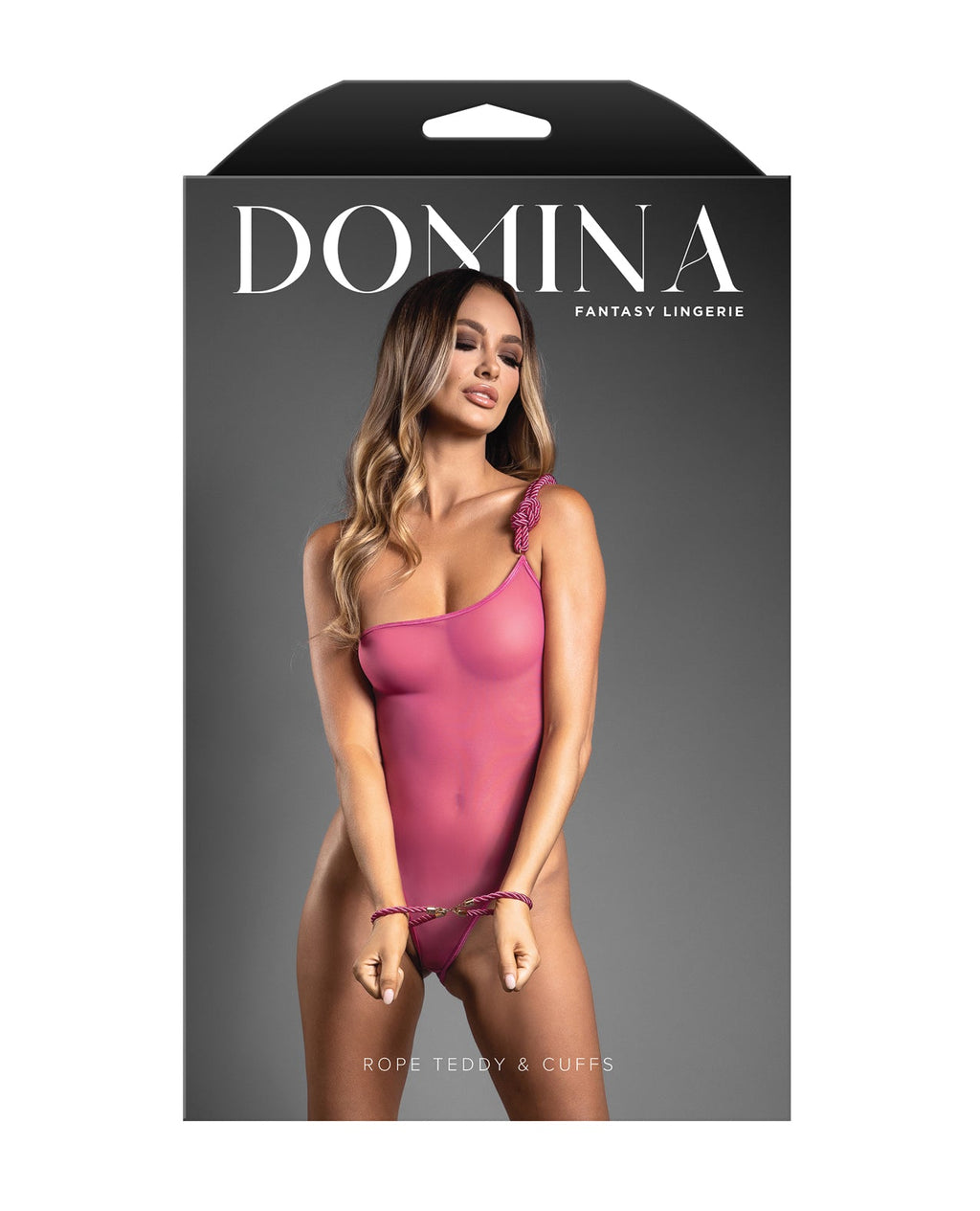 Domina One-Shoulder Sheer Teddy & Rope Cuffs Pink S/M